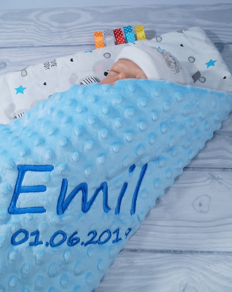 Zweilagige Babydecke mit Namen – Hellblau – Teddy