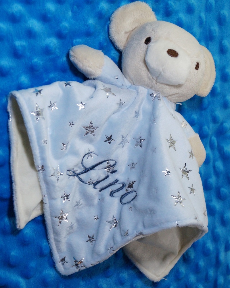 Schmusetuch bestickt mit Namen – Blau Teddybär – Sternen