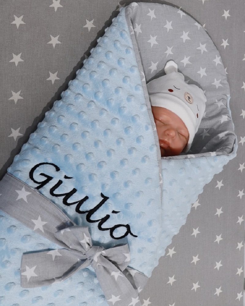 Zweilagige Einschlagdecke Babydecke mit Namen * Hellblau – Sternen *
