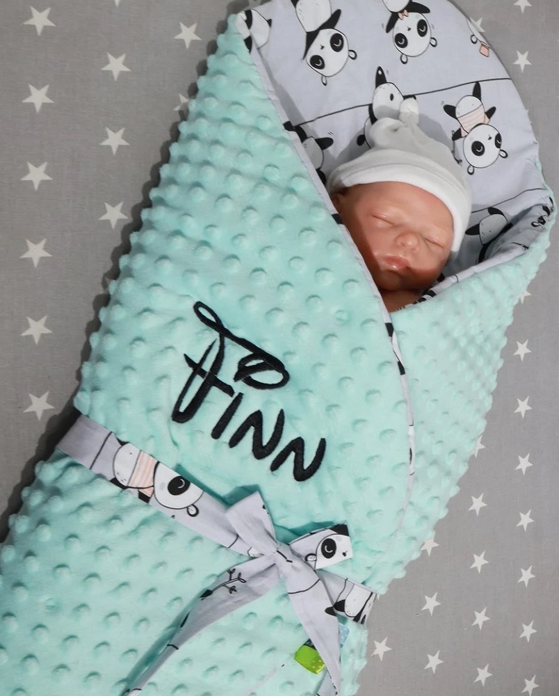 Zweilagige Einschlagdecke Babydecke mit Namen * Minze – Panda *